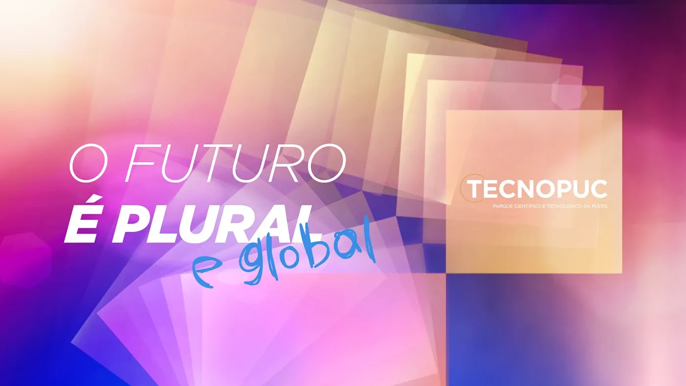 Peça “O futuro é plural e global” com camadas translúcidas de luz
